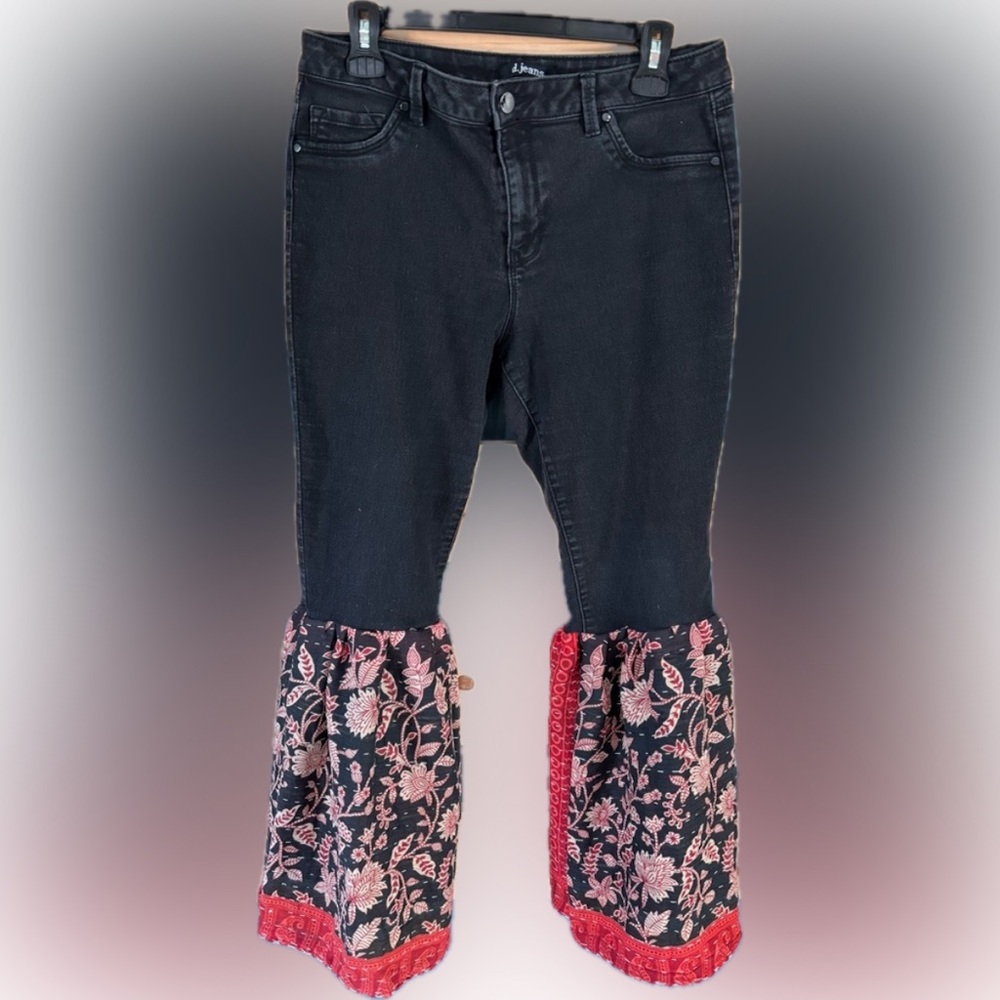 Handmade Red Floral Flare Jeans
